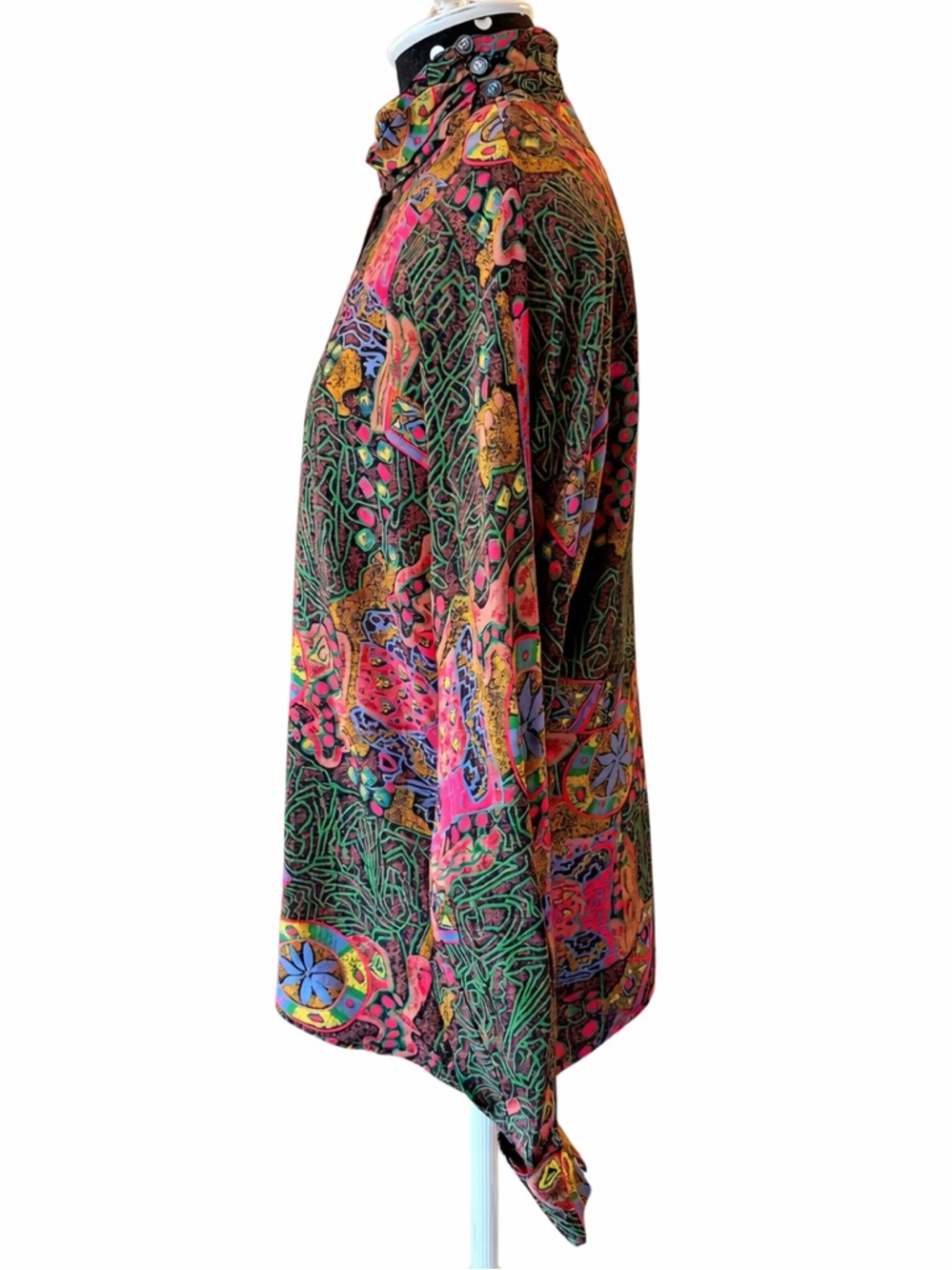 Vintage 80s Abstract Rayon Blouse Ruffle Neck Artsy Print USA Size 8 Statement - Picture 3 of 16